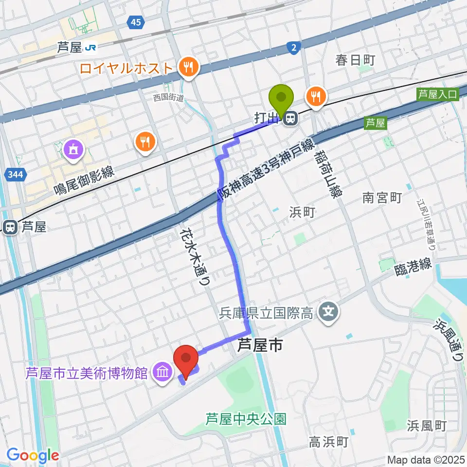 打出駅から芦屋市谷崎潤一郎記念館へのルートマップ地図