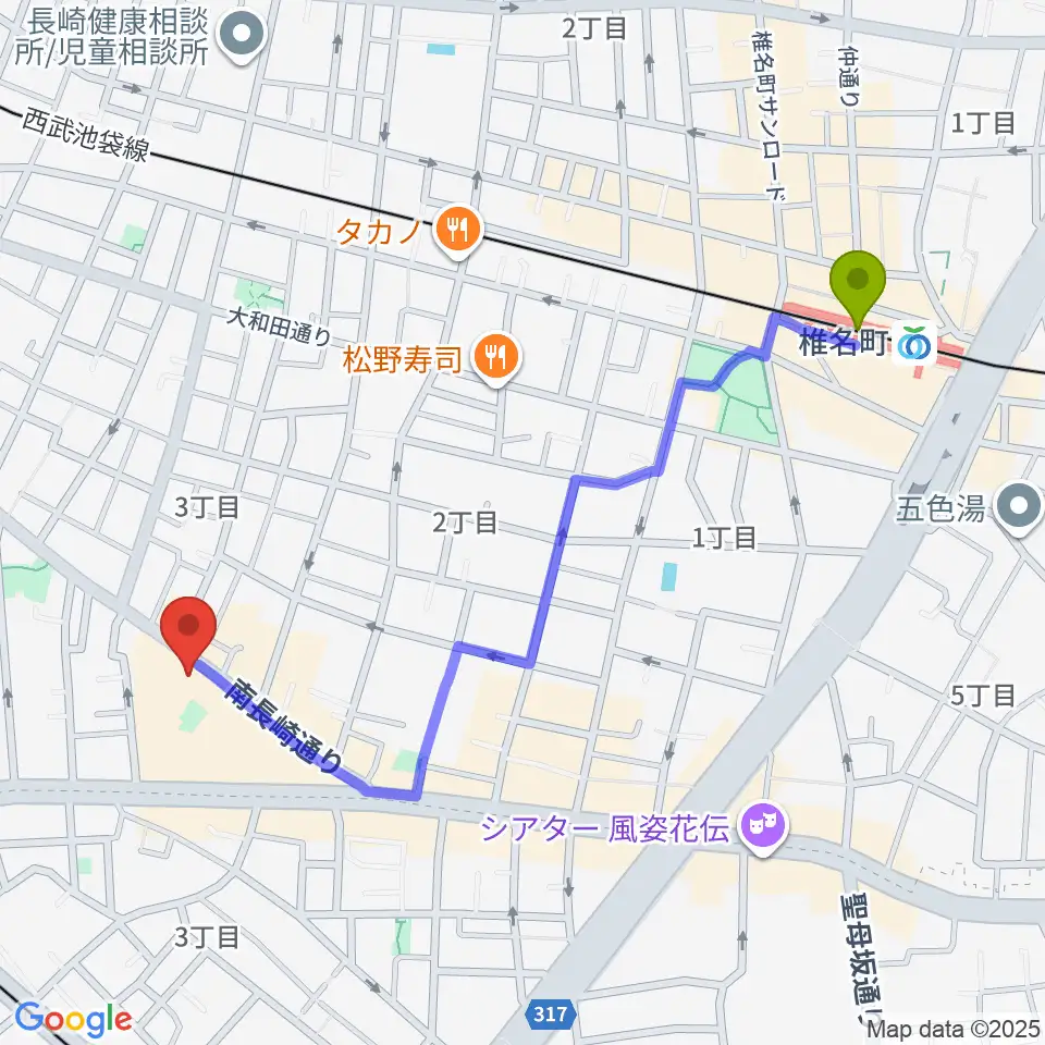 椎名町駅からトキワ荘通り昭和レトロ館へのルートマップ地図
