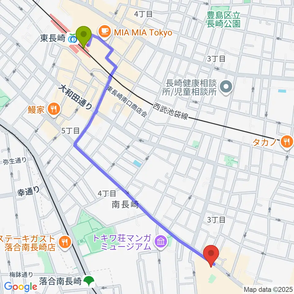 東長崎駅からトキワ荘通り昭和レトロ館へのルートマップ地図