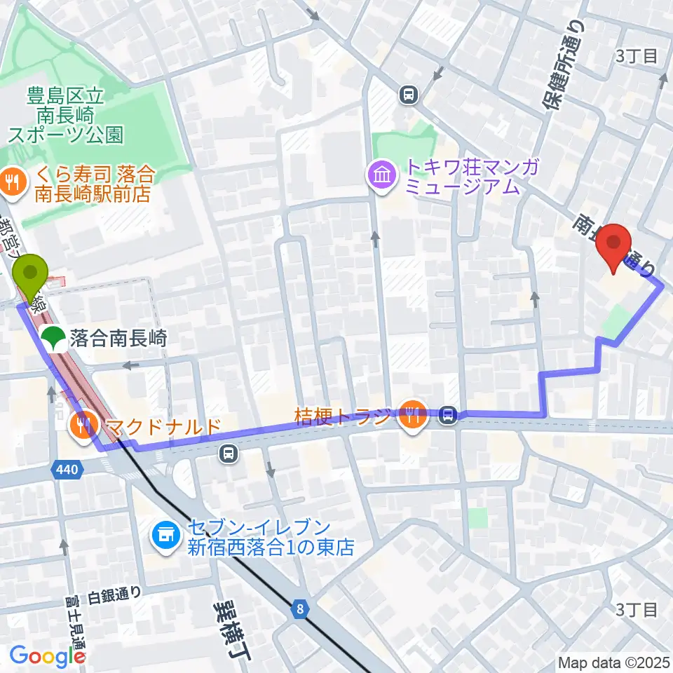 トキワ荘通り昭和レトロ館の最寄駅落合南長崎駅からの徒歩ルート（約7分）地図