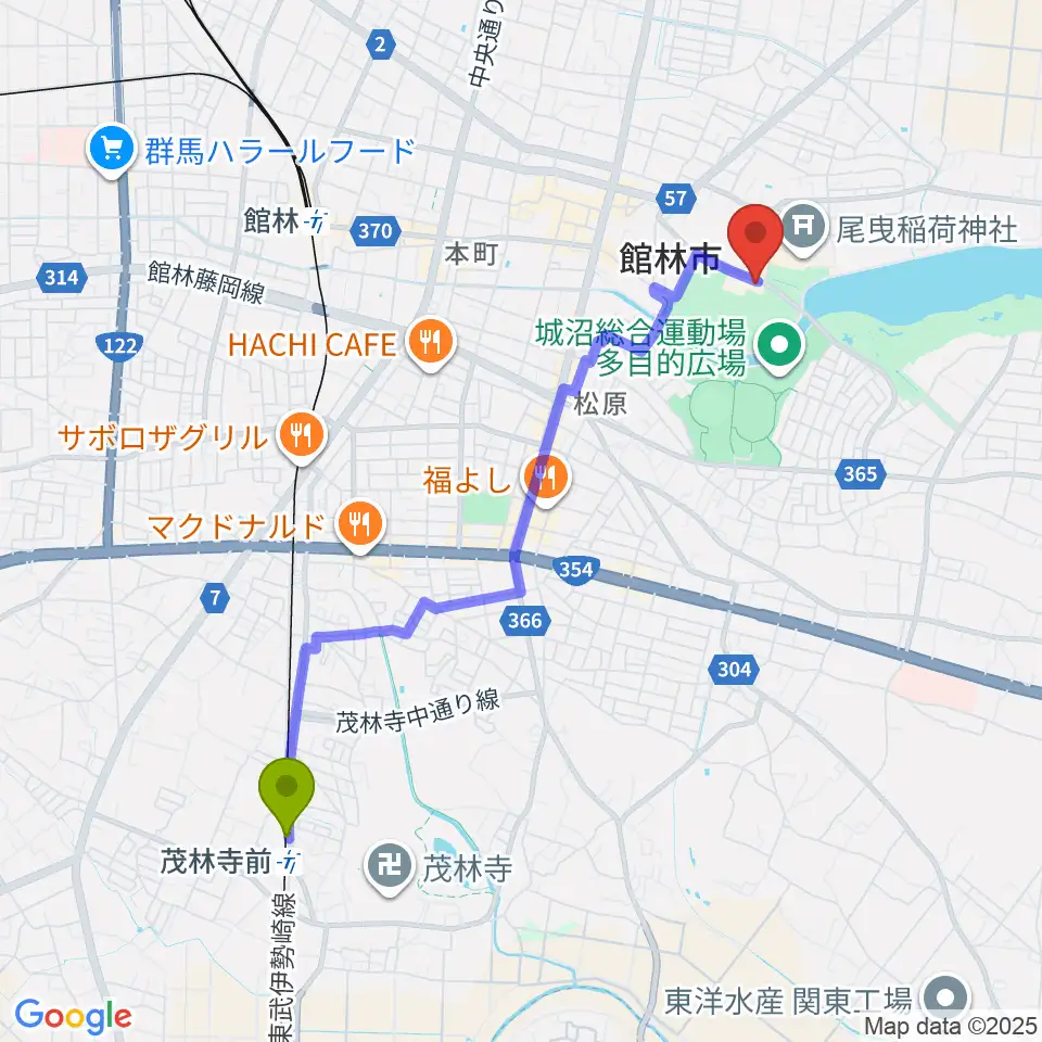 茂林寺前駅から田山花袋記念文学館へのルートマップ地図