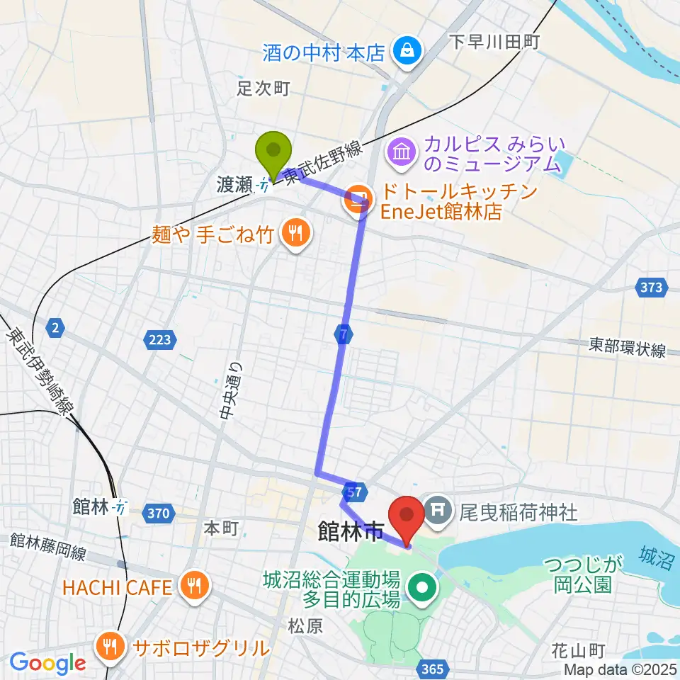 渡瀬駅から田山花袋記念文学館へのルートマップ地図