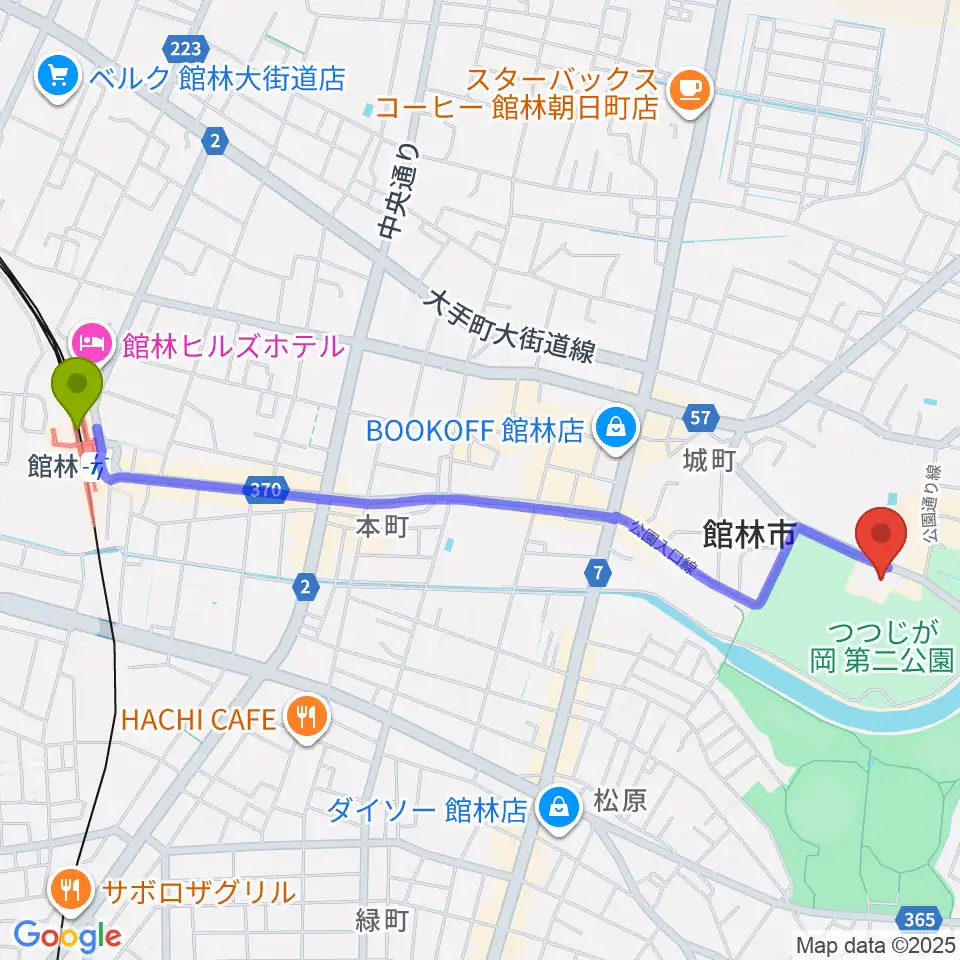向井千秋記念子ども科学館の最寄駅館林駅からの徒歩ルート（約26分）地図