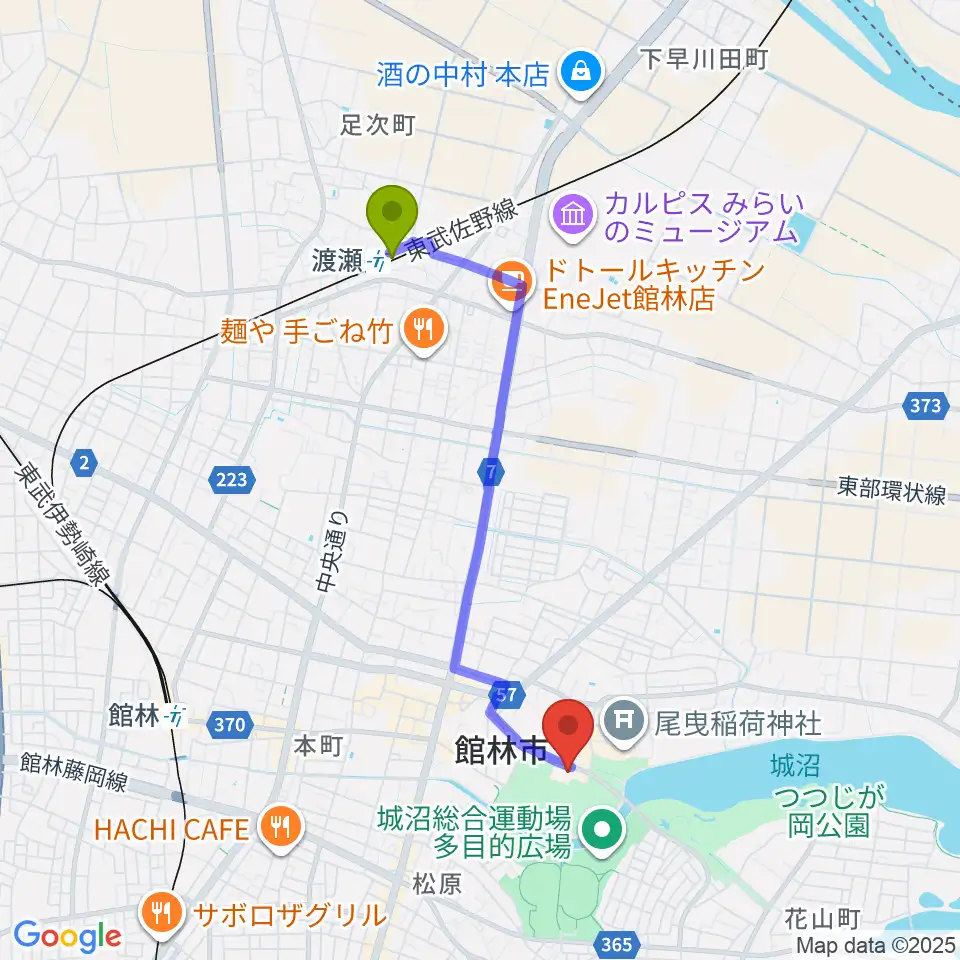 渡瀬駅から向井千秋記念子ども科学館へのルートマップ地図