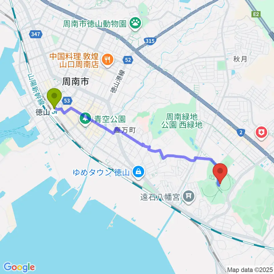 徳山駅からレイズネクスト周南総合競技場へのルートマップ地図