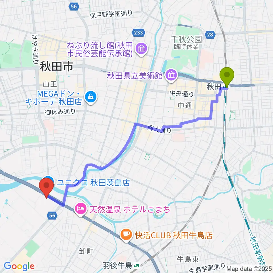 秋田駅からスミケンアリーナへのルートマップ地図