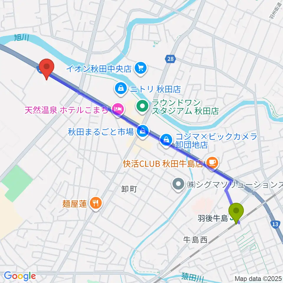スミケンアリーナの最寄駅羽後牛島駅からの徒歩ルート（約25分）地図