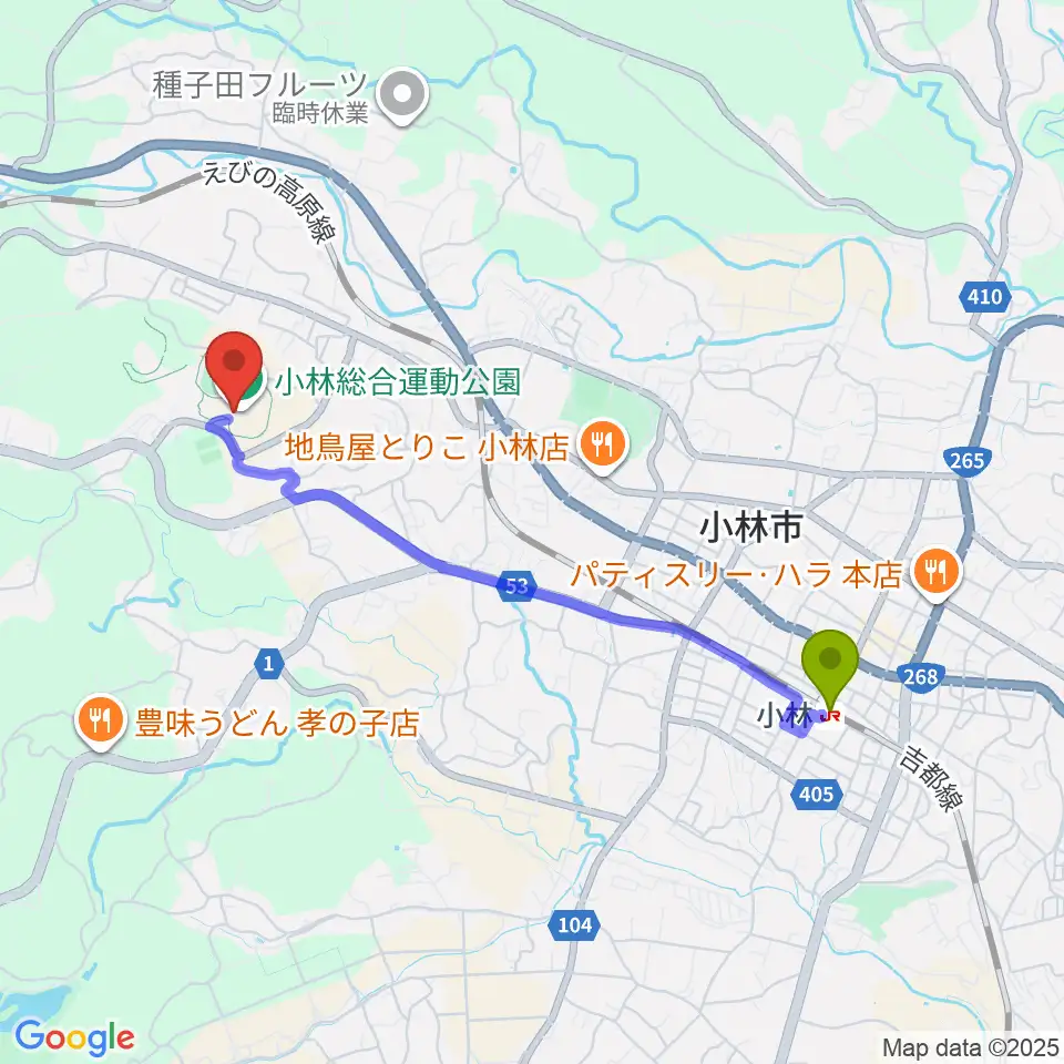 ひいらぎ陸上競技場の最寄駅小林駅からの徒歩ルート（約41分）地図