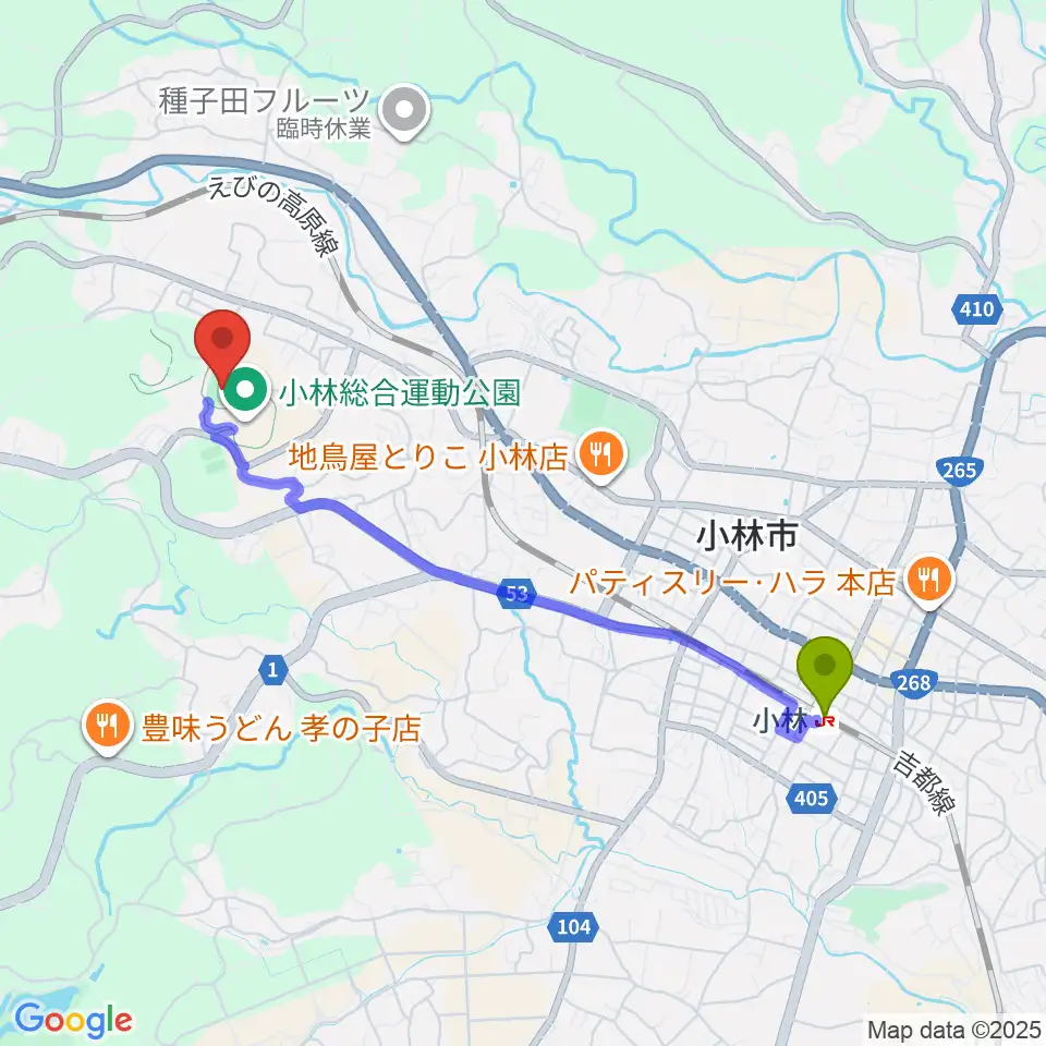 ひいらぎ野球場の最寄駅小林駅からの徒歩ルート（約42分）地図