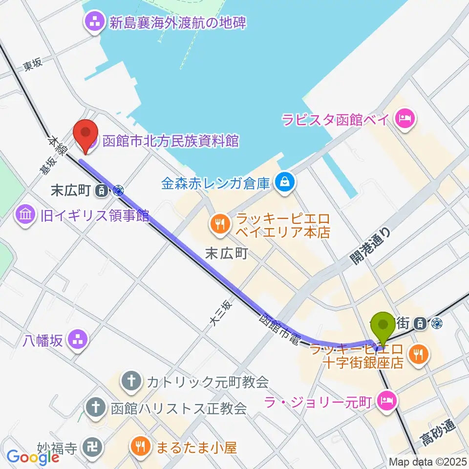 十字街駅から函館市北方民族資料館へのルートマップ地図