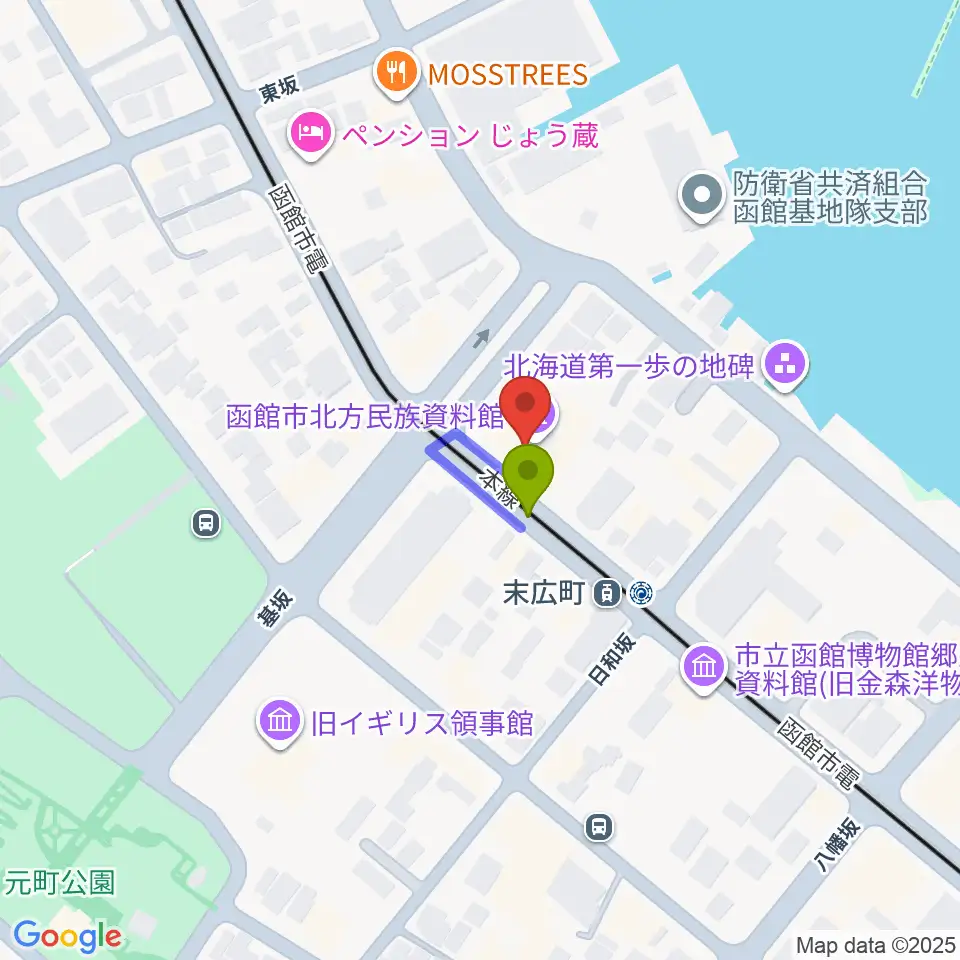 函館市北方民族資料館の最寄駅末広町駅からの徒歩ルート（約0分）地図