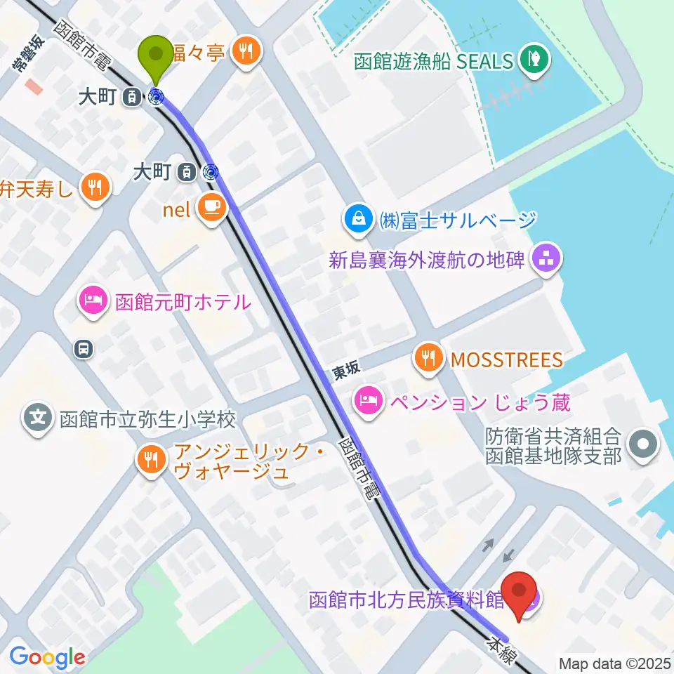大町駅から函館市北方民族資料館へのルートマップ地図