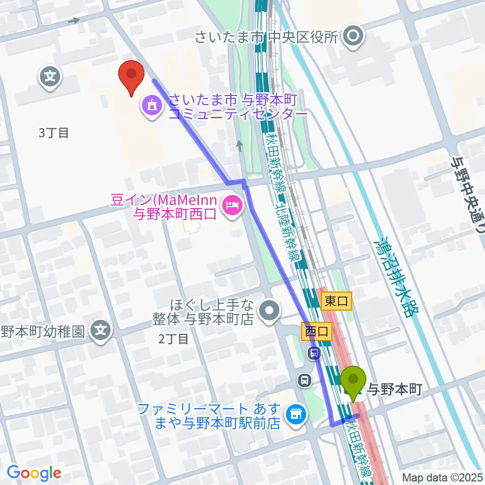与野郷土資料館の最寄駅与野本町駅からの徒歩ルート（約6分）地図