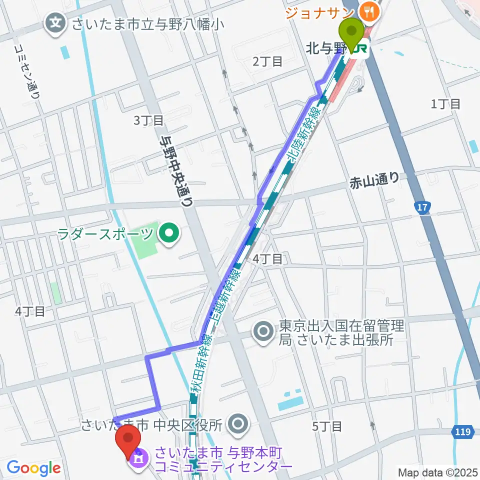 北与野駅から与野郷土資料館へのルートマップ地図