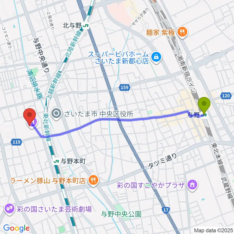 与野駅から与野郷土資料館へのルートマップ地図