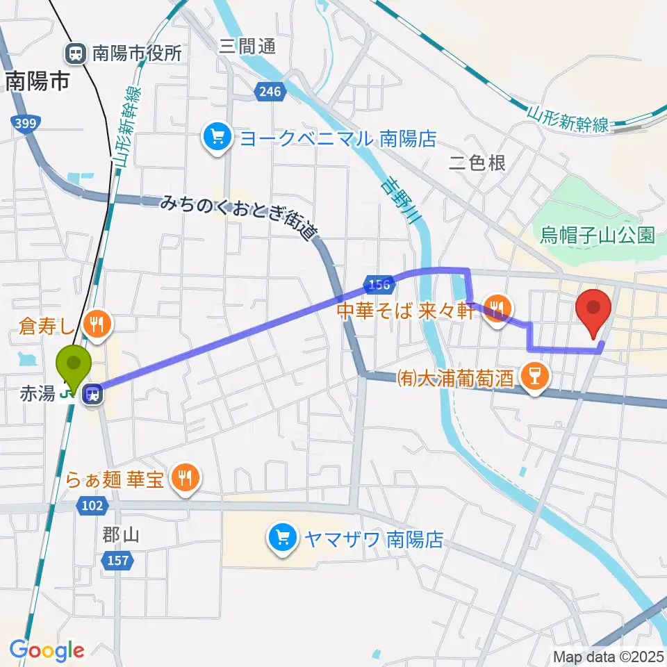 結城豊太郎記念館の最寄駅赤湯駅からの徒歩ルート（約24分）地図