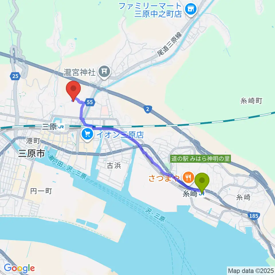 糸崎駅から三原市歴史民俗資料館へのルートマップ地図