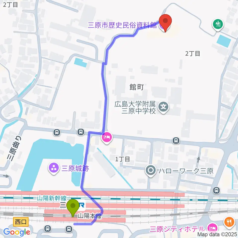 三原市歴史民俗資料館の最寄駅三原駅からの徒歩ルート（約7分）地図