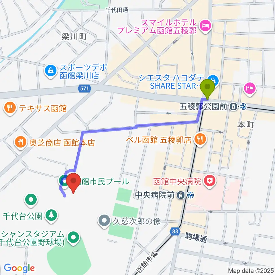 五稜郭公園前駅から三和防災アクアウイングプールへのルートマップ地図