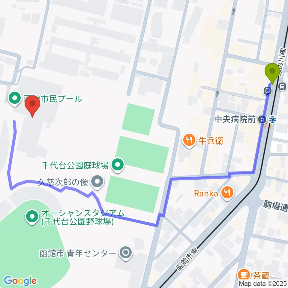 中央病院前駅から三和防災アクアウイングプールへのルートマップ地図