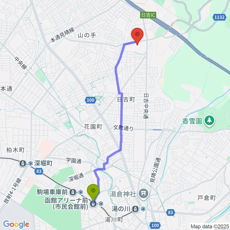 函館アリーナ前駅からうみしんフットボールパークへのルートマップ地図