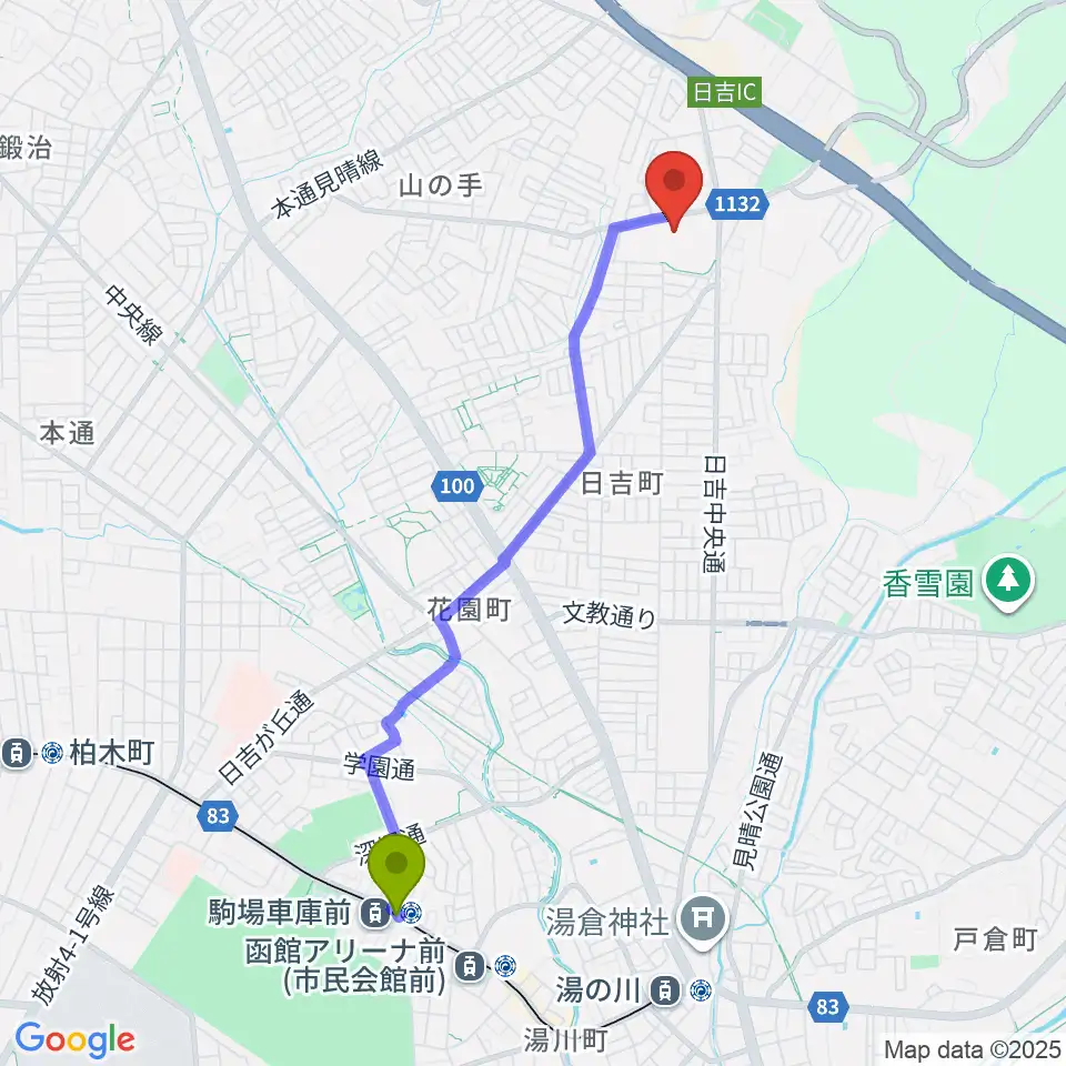 うみしんフットボールパークの最寄駅駒場車庫前駅からの徒歩ルート（約39分）地図