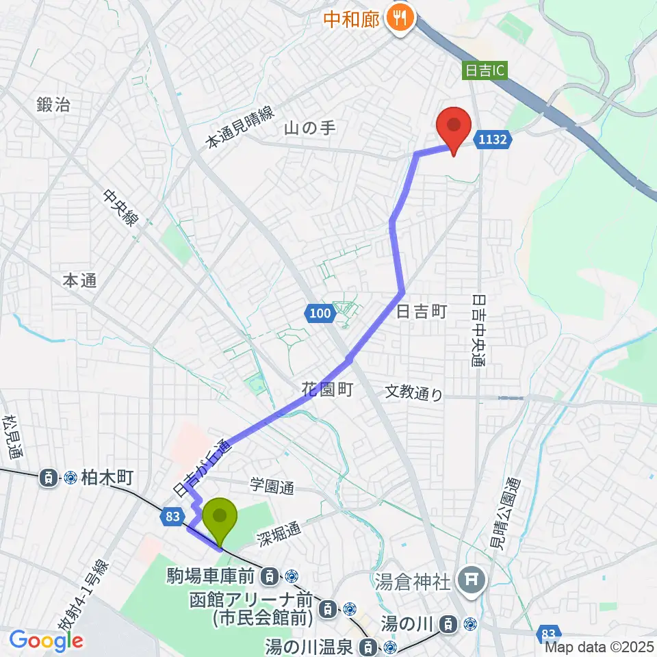 競馬場前駅からうみしんフットボールパークへのルートマップ地図
