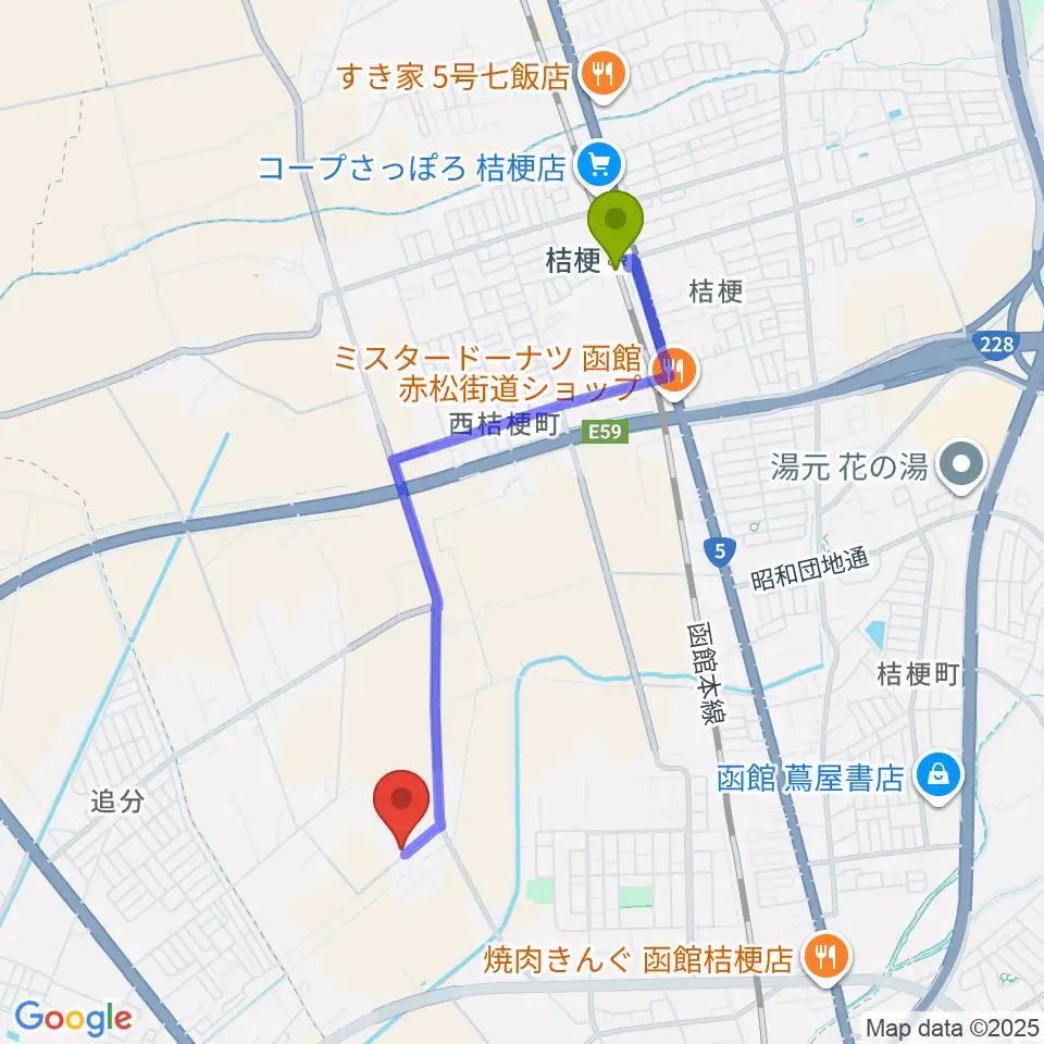 桔梗駅からどさんこパワースタジアムへのルートマップ地図