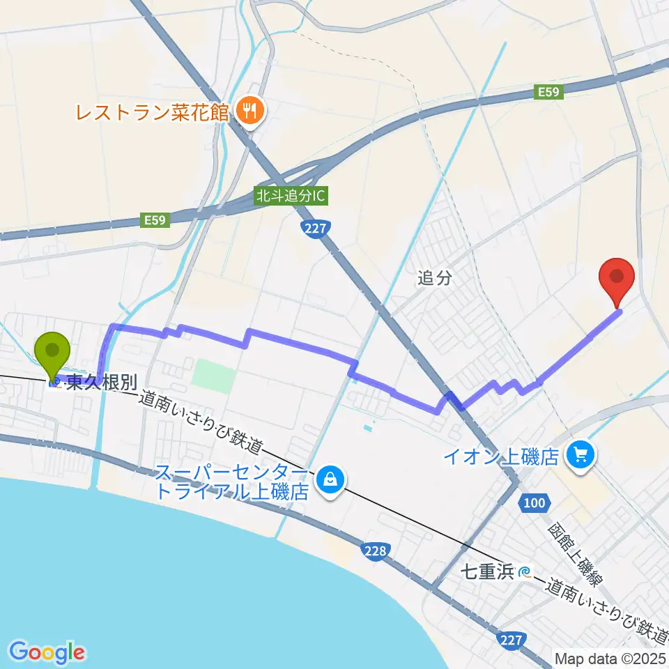 東久根別駅からどさんこパワースタジアムへのルートマップ地図