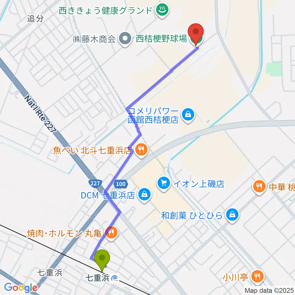 どさんこパワースタジアムの最寄駅七重浜駅からの徒歩ルート（約24分）地図