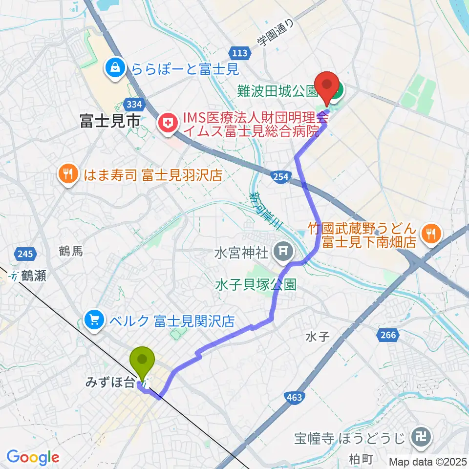 難波田城資料館の最寄駅みずほ台駅からの徒歩ルート（約44分）地図