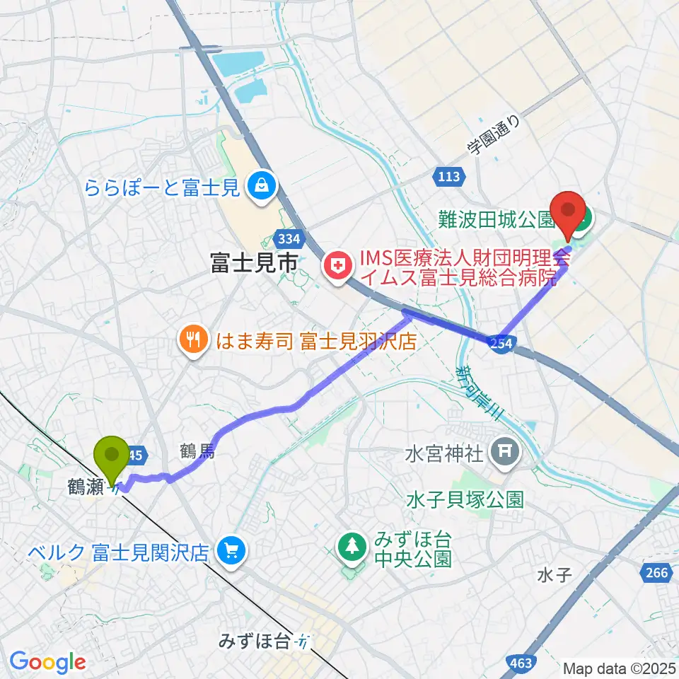 鶴瀬駅から難波田城資料館へのルートマップ地図