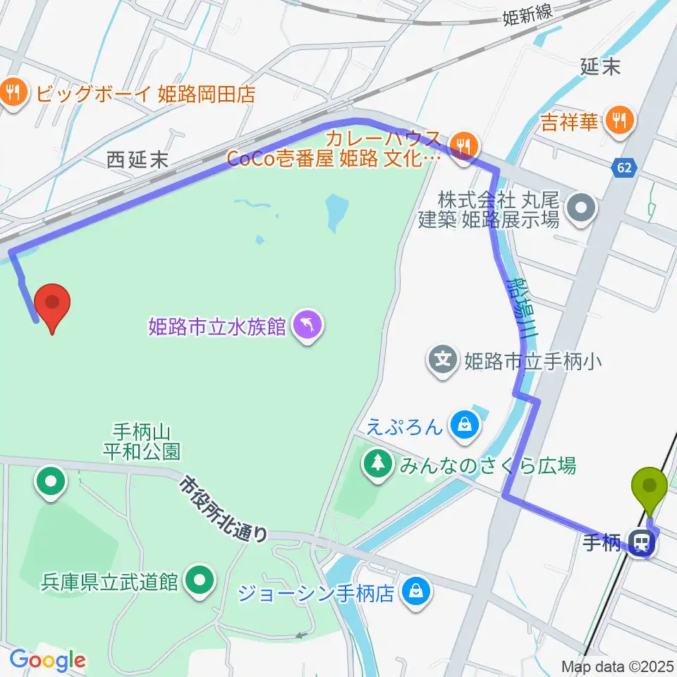 大和工業アリーナ姫路の最寄駅手柄駅からの徒歩ルート（約14分）地図