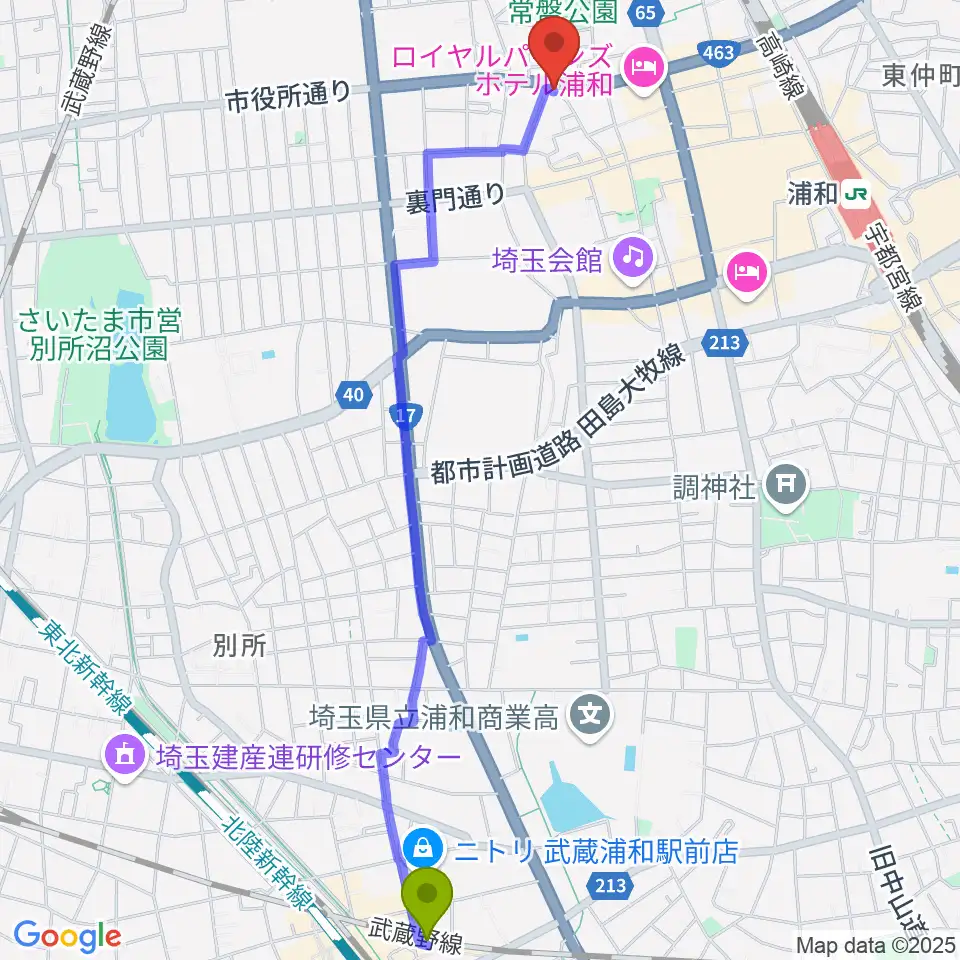 武蔵浦和駅からキャッツアイへのルートマップ地図