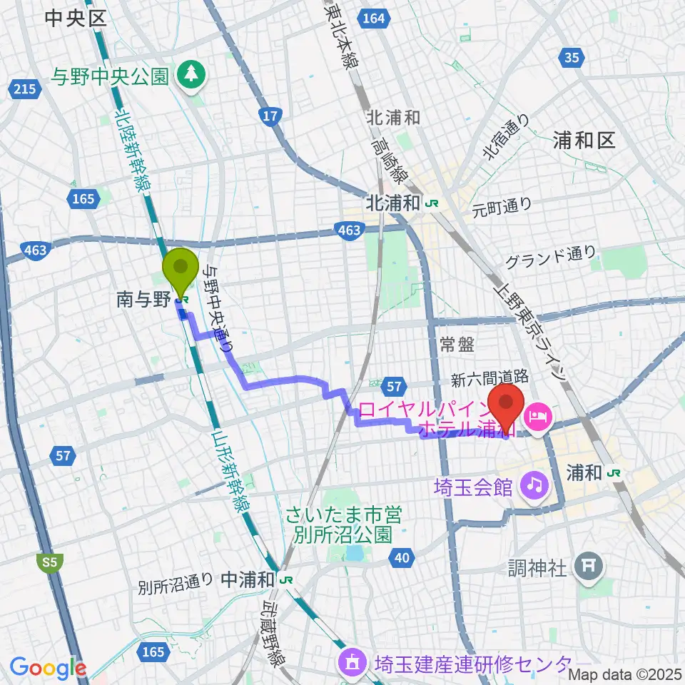 南与野駅からキャッツアイへのルートマップ地図