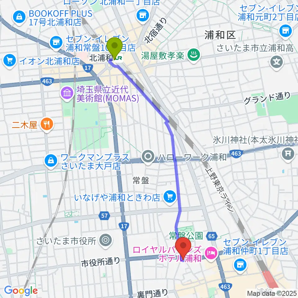 北浦和駅からキャッツアイへのルートマップ地図