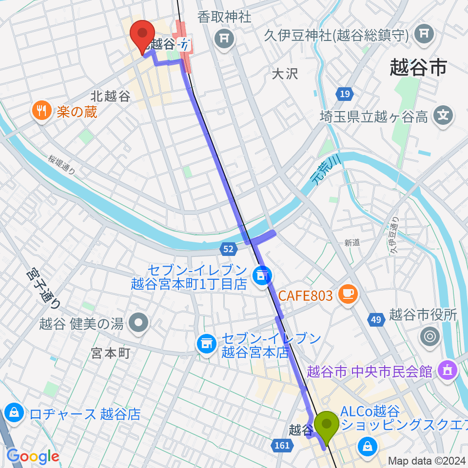 越谷駅からサウンドスタジオ・グレゴリへのルートマップ地図