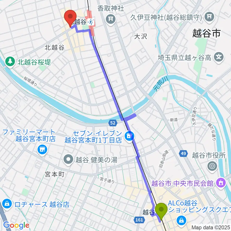 越谷駅からサウンドスタジオ・グレゴリへのルートマップ地図