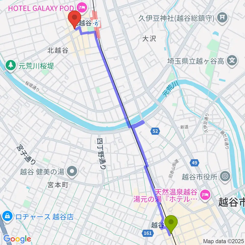 越谷駅からサウンドスタジオ・グレゴリへのルートマップ地図