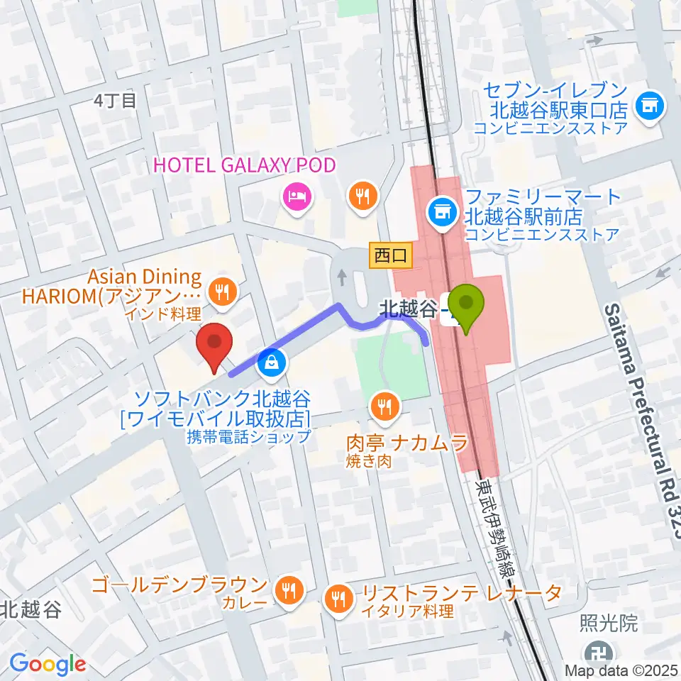 サウンドスタジオ・グレゴリの最寄駅北越谷駅からの徒歩ルート（約3分）地図