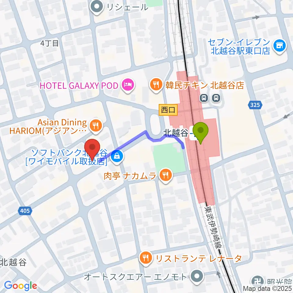 サウンドスタジオ・グレゴリの最寄駅北越谷駅からの徒歩ルート（約3分）地図