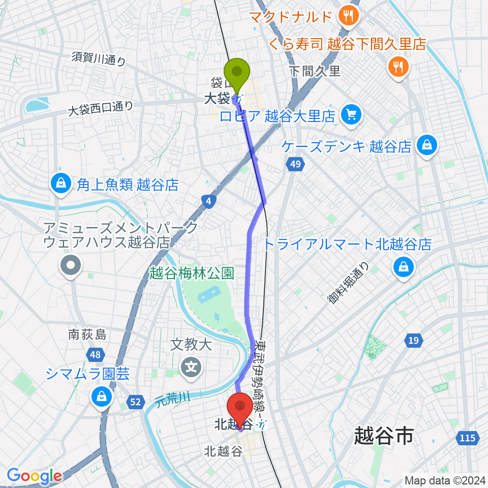 大袋駅からサウンドスタジオ・グレゴリへのルートマップ地図