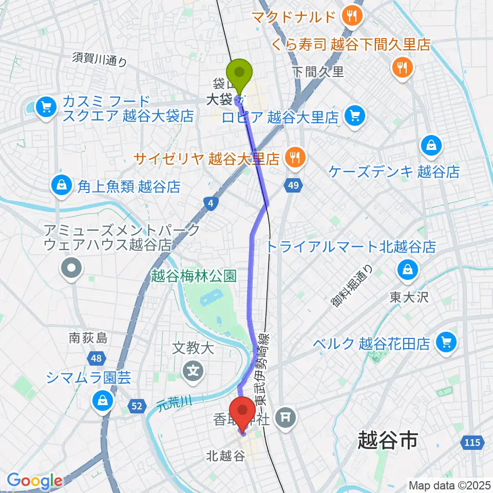 大袋駅からサウンドスタジオ・グレゴリへのルートマップ地図