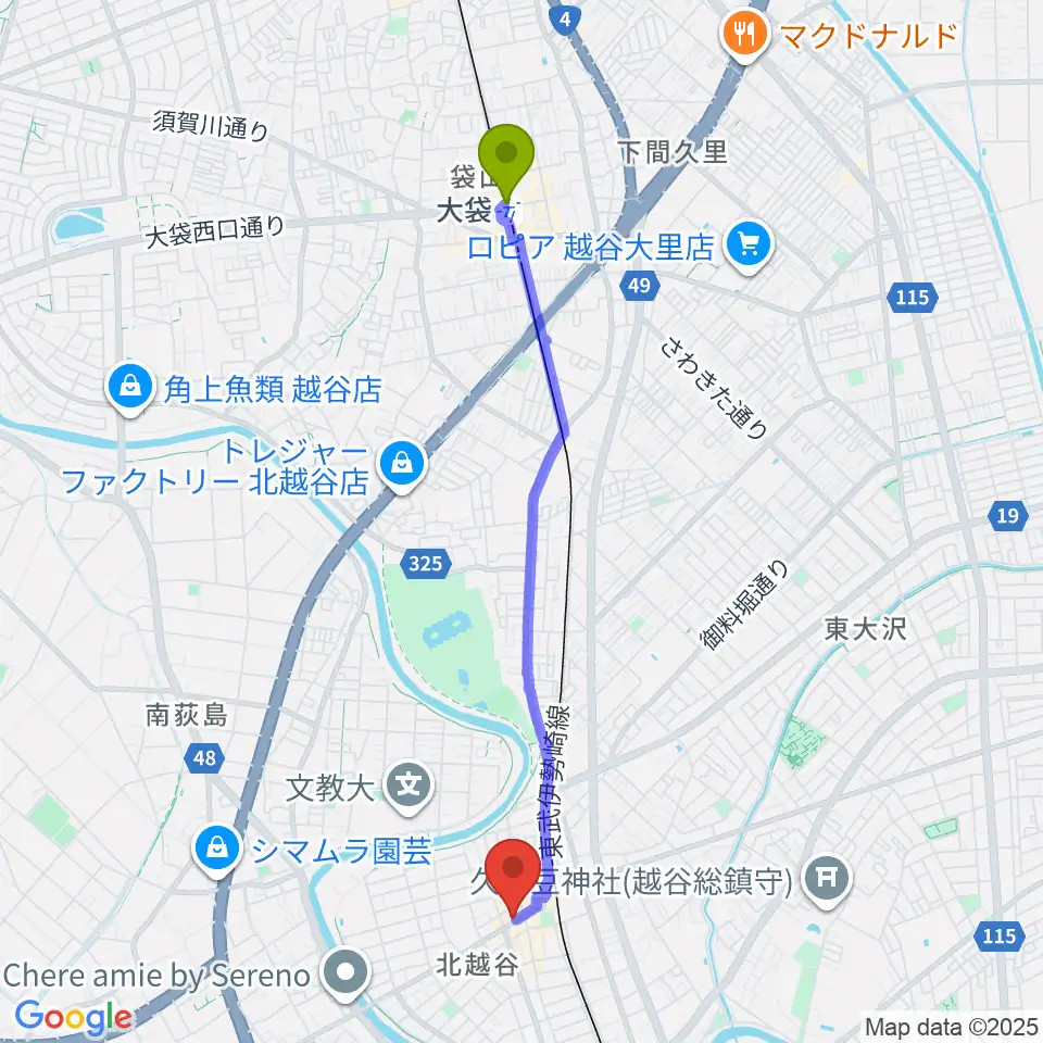 大袋駅からサウンドスタジオ・グレゴリへのルートマップ地図