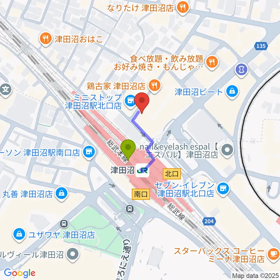 RBC's津田沼スタジオの最寄駅津田沼駅からの徒歩ルート（約1分）地図