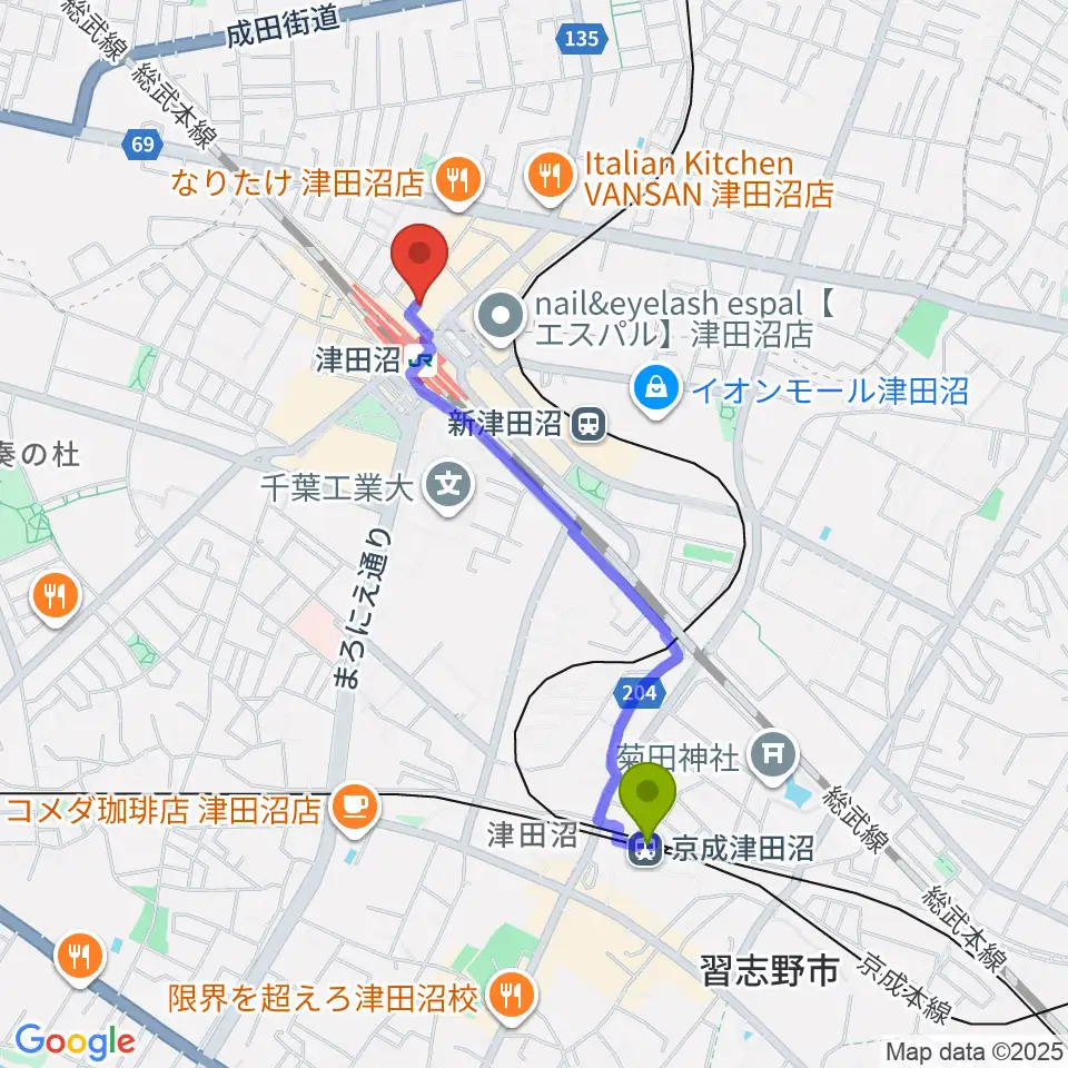 京成津田沼駅からRBC's津田沼スタジオへのルートマップ地図