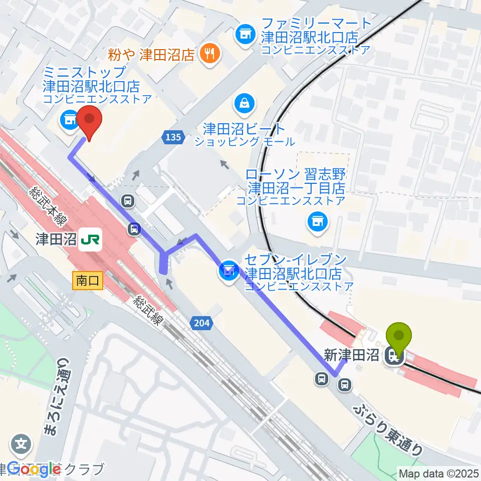 新津田沼駅からRBC's船橋スタジオへのルートマップ地図