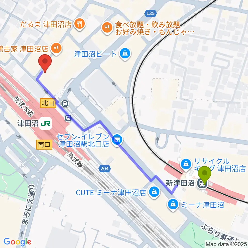 新津田沼駅からRBC's津田沼スタジオへのルートマップ地図