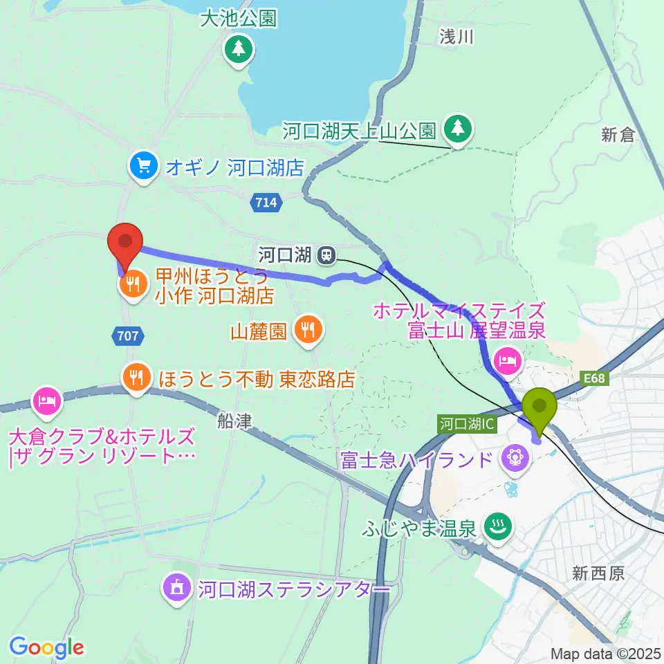 富士急ハイランド駅から河口湖キャメロットへのルートマップ地図