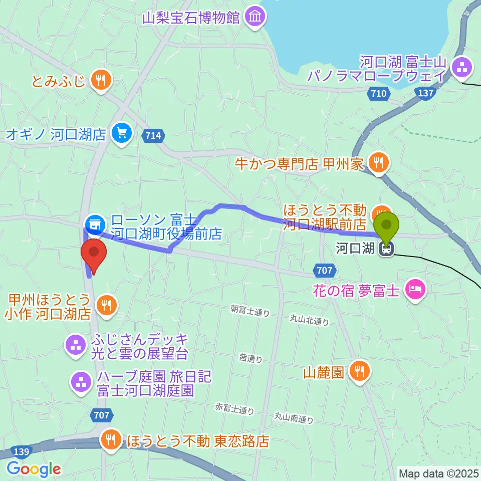 河口湖キャメロットの最寄駅河口湖駅からの徒歩ルート（約19分）地図